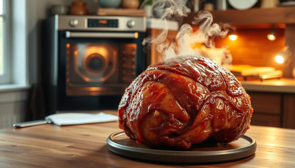 A beautifully lit kitchen scene, with a large, steaming ham taking center stage on a rustic wooden table. The ham is encrusted with a golden-brown glaze, its succulent aroma filling the air. In the background, a convection oven stands open, its interior bathed in a warm, amber glow, hinting at the perfect temperature for roasting the perfect ham. Soft, natural lighting filters in through a nearby window, casting a cozy, inviting atmosphere. The overall scene evokes a sense of homely comfort and the satisfaction of preparing a delicious, homemade meal.
