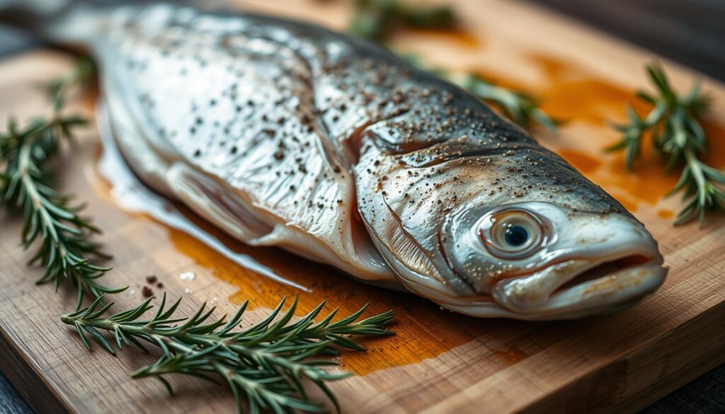 A beautifully styled close-up shot of a freshly seasoned fish, ready for roasting. The fish is laid out on a wooden cutting board, its skin glistening with a light coating of olive oil. Sprigs of fragrant herbs, such as rosemary and thyme, are artfully arranged around the fish, adding pops of color and depth to the composition. The lighting is soft and diffused, creating a warm, inviting atmosphere. The angle is slightly elevated, allowing the viewer to appreciate the intricate details of the seasoning process. The overall mood is one of anticipation and culinary expertise, perfectly capturing the essence of "przyprawianie ryby przed pieczeniem" (seasoning the fish before baking). A beautifully styled close-up shot of a freshly seasoned fish, ready for roasting. The fish is laid out on a wooden cutting board, its skin glistening with a light coating of olive oil. Sprigs of fragrant herbs, such as rosemary and thyme, are artfully arranged around the fish, adding pops of color and depth to the composition. The lighting is soft and diffused, creating a warm, inviting atmosphere. The angle is slightly elevated, allowing the viewer to appreciate the intricate details of the seasoning process. The overall mood is one of anticipation and culinary expertise, perfectly capturing the essence of "przyprawianie ryby przed pieczeniem" (seasoning the fish before baking).