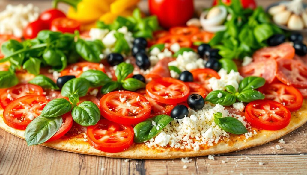 A bountiful array of fresh, high-quality ingredients for a delectable pizza lies artfully arranged on a rustic wooden table. In the foreground, a vibrant assortment of sliced tomatoes, fresh basil leaves, and grated Parmesan cheese create a vibrant, mouth-watering display. In the middle ground, thinly sliced pepperoni, crumbled feta, and pitted black olives add depth and variety. The background features a selection of diced bell peppers, thinly sliced onions, and crushed garlic cloves, all illuminated by soft, natural lighting that casts a warm, inviting glow. The overall composition captures the essence of a homemade pizza, brimming with high-quality, flavorful ingredients and ready to be transformed into a delicious, authentic dish. A bountiful array of fresh, high-quality ingredients for a delectable pizza lies artfully arranged on a rustic wooden table. In the foreground, a vibrant assortment of sliced tomatoes, fresh basil leaves, and grated Parmesan cheese create a vibrant, mouth-watering display. In the middle ground, thinly sliced pepperoni, crumbled feta, and pitted black olives add depth and variety. The background features a selection of diced bell peppers, thinly sliced onions, and crushed garlic cloves, all illuminated by soft, natural lighting that casts a warm, inviting glow. The overall composition captures the essence of a homemade pizza, brimming with high-quality, flavorful ingredients and ready to be transformed into a delicious, authentic dish.