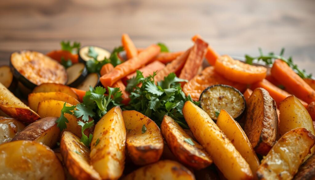 A bountiful spread of nutritious, oven-roasted vegetable alternatives to traditional french fries. In the foreground, golden-brown potato wedges, drizzled with olive oil and dusted with fragrant spices. Beside them, vibrant slices of zucchini, carrot, and sweet potato, each caramelized to perfection under the intense heat of the oven. In the middle ground, a mix of crisp, leafy greens and fresh herbs add color and crunch. The background features a rustic wooden surface, creating a warm, inviting atmosphere. Soft, diffused lighting casts a gentle glow, highlighting the natural textures and flavors of these healthier, homemade alternatives to traditional french fries. A bountiful spread of nutritious, oven-roasted vegetable alternatives to traditional french fries. In the foreground, golden-brown potato wedges, drizzled with olive oil and dusted with fragrant spices. Beside them, vibrant slices of zucchini, carrot, and sweet potato, each caramelized to perfection under the intense heat of the oven. In the middle ground, a mix of crisp, leafy greens and fresh herbs add color and crunch. The background features a rustic wooden surface, creating a warm, inviting atmosphere. Soft, diffused lighting casts a gentle glow, highlighting the natural textures and flavors of these healthier, homemade alternatives to traditional french fries.