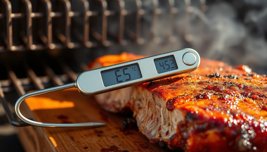 A close-up photograph of a professional meat thermometer for monitoring the internal temperature of smoked or grilled meat. The stainless steel probe is inserted into a juicy slab of barbecued pork or beef, displaying the precise reading on a high-contrast digital display. The thermometer is positioned on a rustic wooden surface, with a backdrop of a smoky, charcoal-colored grill grate or oven rack. Warm, natural lighting illuminates the scene, emphasizing the gleaming metal and the sizzling, caramelized meat texture. The overall mood is one of expertise, attention to detail, and the joy of perfectly cooked, smoked delicacies. A close-up photograph of a professional meat thermometer for monitoring the internal temperature of smoked or grilled meat. The stainless steel probe is inserted into a juicy slab of barbecued pork or beef, displaying the precise reading on a high-contrast digital display. The thermometer is positioned on a rustic wooden surface, with a backdrop of a smoky, charcoal-colored grill grate or oven rack. Warm, natural lighting illuminates the scene, emphasizing the gleaming metal and the sizzling, caramelized meat texture. The overall mood is one of expertise, attention to detail, and the joy of perfectly cooked, smoked delicacies.