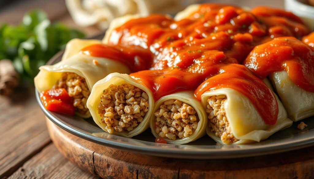 A close-up shot of a plate of freshly made golabki (Polish cabbage rolls) on a rustic wooden table. The golabki are neatly arranged, revealing their tender, tightly wrapped cabbage leaves filled with a savory mixture of rice, ground meat, and aromatic herbs. The lighting is warm and natural, highlighting the rich, reddish-brown hue of the tomato sauce drizzled over the golabki. The background is slightly blurred, creating a focus on the delectable dish in the foreground. The overall composition conveys the homemade, comforting nature of this classic Polish comfort food. A close-up shot of a plate of freshly made golabki (Polish cabbage rolls) on a rustic wooden table. The golabki are neatly arranged, revealing their tender, tightly wrapped cabbage leaves filled with a savory mixture of rice, ground meat, and aromatic herbs. The lighting is warm and natural, highlighting the rich, reddish-brown hue of the tomato sauce drizzled over the golabki. The background is slightly blurred, creating a focus on the delectable dish in the foreground. The overall composition conveys the homemade, comforting nature of this classic Polish comfort food.
