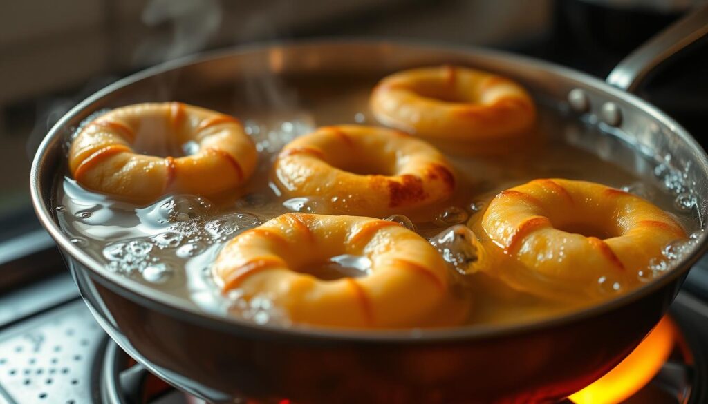 A close-up shot of deep-fried pączki (Polish donuts) sizzling in hot oil, with a golden-brown exterior and an inviting, soft interior. The oil gently bubbles, creating a mesmerizing display of frying pączki in a copper pan on a stove with an open flame beneath. The lighting is warm and natural, casting a soft glow on the scene. The camera angle is slightly elevated, providing a detailed, almost immersive view of the cooking process. The atmosphere is one of traditional Polish cuisine, with a sense of homely comfort and the enticing aroma of freshly fried pastries. A close-up shot of deep-fried pączki (Polish donuts) sizzling in hot oil, with a golden-brown exterior and an inviting, soft interior. The oil gently bubbles, creating a mesmerizing display of frying pączki in a copper pan on a stove with an open flame beneath. The lighting is warm and natural, casting a soft glow on the scene. The camera angle is slightly elevated, providing a detailed, almost immersive view of the cooking process. The atmosphere is one of traditional Polish cuisine, with a sense of homely comfort and the enticing aroma of freshly fried pastries.