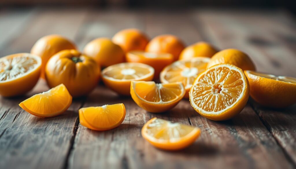 A close-up shot of various kumquat (or cumquat) fruits, sliced in half and arranged in an appealing composition on a rustic wooden table. The warm, golden hue of the kumquats is complemented by the earthy tones of the wooden surface. The lighting is soft and diffused, creating a cozy, inviting atmosphere. In the foreground, a few kumquat slices are scattered, showcasing their vibrant orange flesh and edible skin. In the middle ground, a small selection of whole kumquats is displayed, allowing the viewer to appreciate their compact, oval shape and glossy appearance. The background features a blurred, out-of-focus setting, keeping the focus on the kumquats and their culinary potential. A close-up shot of various kumquat (or cumquat) fruits, sliced in half and arranged in an appealing composition on a rustic wooden table. The warm, golden hue of the kumquats is complemented by the earthy tones of the wooden surface. The lighting is soft and diffused, creating a cozy, inviting atmosphere. In the foreground, a few kumquat slices are scattered, showcasing their vibrant orange flesh and edible skin. In the middle ground, a small selection of whole kumquats is displayed, allowing the viewer to appreciate their compact, oval shape and glossy appearance. The background features a blurred, out-of-focus setting, keeping the focus on the kumquats and their culinary potential.