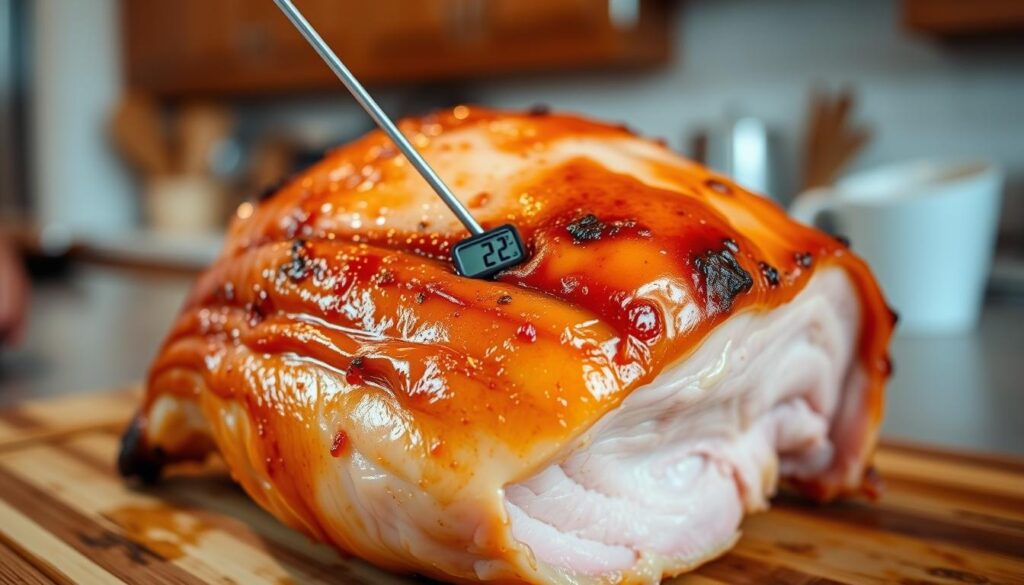 A close-up view of a meat thermometer inserted into a juicy, golden-brown ham, showcasing the internal temperature of the pork. The ham is centered in the frame, resting on a wooden cutting board, with a blurred kitchen background featuring a warm, cozy atmosphere. Soft, directional lighting accentuates the texture and sheen of the meat, creating a mouthwatering visual. The temperature reading on the thermometer is prominently displayed, providing the crucial information needed to guide the perfect pork roasting process.
