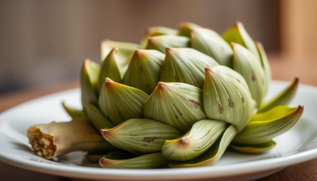 A close-up view of a plate showcasing the distinctive appearance of artichoke leaves, their delicate green hues and intricate textures. The leaves are arranged in a visually appealing fan-like display, capturing the essence of the artichoke's unique form. The lighting is soft and natural, creating a warm, inviting atmosphere that highlights the vegetable's earthy tones. The background is blurred, allowing the artichoke to be the central focus, encouraging the viewer to contemplate its taste and culinary properties. The overall composition conveys a sense of curiosity and appreciation for the artichoke's distinctive sensory qualities. A close-up view of a plate showcasing the distinctive appearance of artichoke leaves, their delicate green hues and intricate textures. The leaves are arranged in a visually appealing fan-like display, capturing the essence of the artichoke's unique form. The lighting is soft and natural, creating a warm, inviting atmosphere that highlights the vegetable's earthy tones. The background is blurred, allowing the artichoke to be the central focus, encouraging the viewer to contemplate its taste and culinary properties. The overall composition conveys a sense of curiosity and appreciation for the artichoke's distinctive sensory qualities.