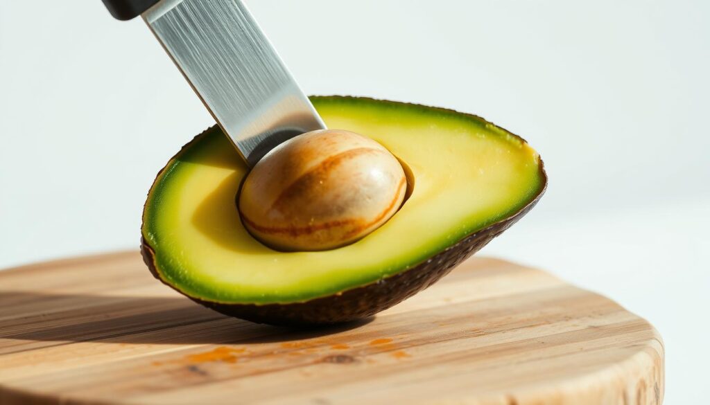 A close-up view of ripe, creamy avocado being cut open with a sharp knife, revealing the bright green flesh and large, smooth pit at the center. The avocado is placed on a rustic wooden cutting board, with a simple white background that allows the vibrant colors and textures to take center stage. The lighting is soft and natural, casting gentle shadows that accentuate the shape and form of the fruit. The overall mood is one of simplicity, showcasing the intrinsic beauty and versatility of the avocado as a culinary ingredient. A close-up view of ripe, creamy avocado being cut open with a sharp knife, revealing the bright green flesh and large, smooth pit at the center. The avocado is placed on a rustic wooden cutting board, with a simple white background that allows the vibrant colors and textures to take center stage. The lighting is soft and natural, casting gentle shadows that accentuate the shape and form of the fruit. The overall mood is one of simplicity, showcasing the intrinsic beauty and versatility of the avocado as a culinary ingredient.