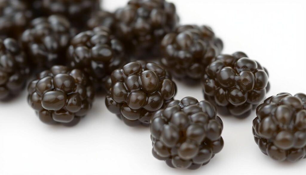 A close-up view of several glistening, dark-gray balls of caviar, arranged neatly on a white background. The caviar appears fresh and glossy, with a subtle sheen. The lighting is soft and diffused, highlighting the delicate texture and subtle gradations of color within the caviar. The composition is symmetrical and balanced, with the caviar taking up the majority of the frame. The overall mood is one of elegance, sophistication, and culinary refinement, conveying the luxurious and exclusive nature of this gourmet delicacy. A close-up view of several glistening, dark-gray balls of caviar, arranged neatly on a white background. The caviar appears fresh and glossy, with a subtle sheen. The lighting is soft and diffused, highlighting the delicate texture and subtle gradations of color within the caviar. The composition is symmetrical and balanced, with the caviar taking up the majority of the frame. The overall mood is one of elegance, sophistication, and culinary refinement, conveying the luxurious and exclusive nature of this gourmet delicacy.