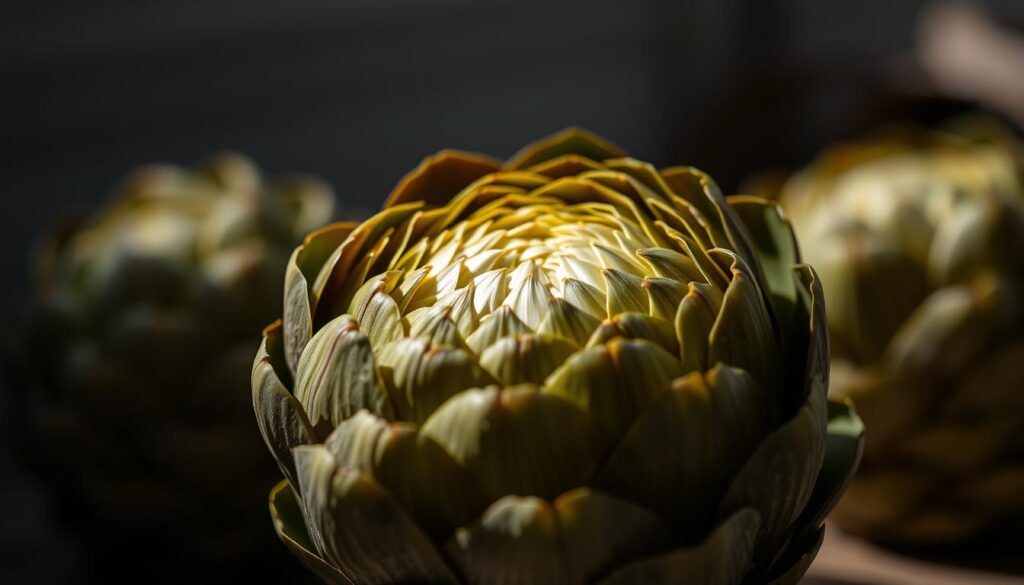 A closeup of a fresh, whole artichoke in the foreground, its thick, fleshy leaves unfurling to reveal the delicate, vibrant heart. The lighting is soft and natural, casting gentle shadows that accentuate the artichoke's intricate textures. The background is blurred, creating a sense of depth and focus on the captivating subject. The overall mood is one of culinary curiosity, inviting the viewer to imagine the unique, subtly sweet flavor of this remarkable vegetable. A closeup of a fresh, whole artichoke in the foreground, its thick, fleshy leaves unfurling to reveal the delicate, vibrant heart. The lighting is soft and natural, casting gentle shadows that accentuate the artichoke's intricate textures. The background is blurred, creating a sense of depth and focus on the captivating subject. The overall mood is one of culinary curiosity, inviting the viewer to imagine the unique, subtly sweet flavor of this remarkable vegetable.