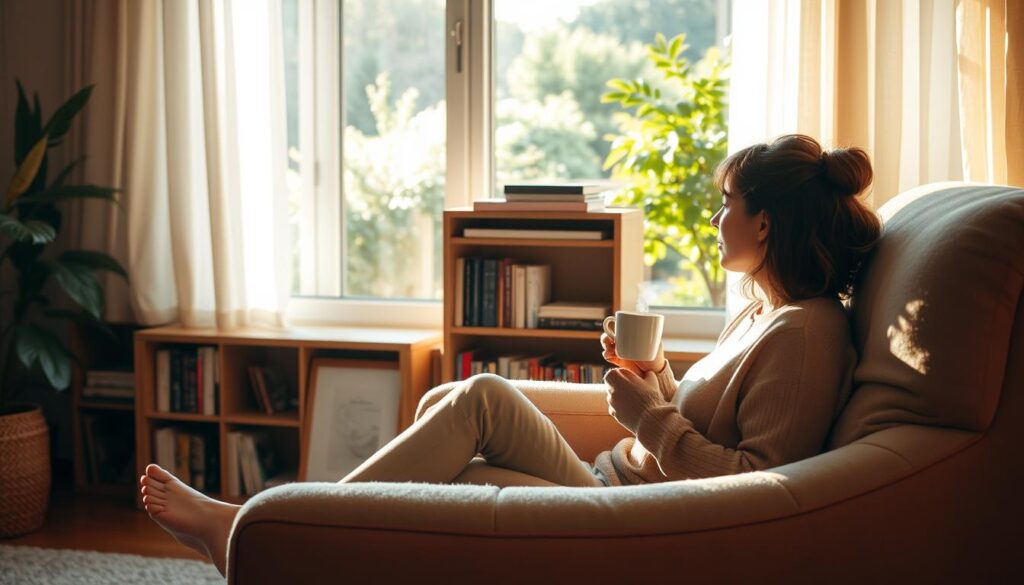 A cozy, intimate living room scene filled with natural light and a sense of peace and rejuvenation. In the foreground, a woman sits on a plush, oversized armchair, a steaming mug of tea in her hands as she gazes out of a large window, drinking in the tranquil outdoor view. Soft, warm-toned lighting filters through sheer curtains, casting a soothing glow. In the middle ground, a small, well-organized bookshelf holds a collection of thoughtfully curated volumes, hinting at a life of intellectual curiosity and mindfulness. The background features a lush, verdant garden visible through the window, its vibrant colors and textures conveying a sense of natural rejuvenation. The overall atmosphere is one of peaceful introspection and restorative calm, capturing the essence of true rest and regeneration in everyday life. A cozy, intimate living room scene filled with natural light and a sense of peace and rejuvenation. In the foreground, a woman sits on a plush, oversized armchair, a steaming mug of tea in her hands as she gazes out of a large window, drinking in the tranquil outdoor view. Soft, warm-toned lighting filters through sheer curtains, casting a soothing glow. In the middle ground, a small, well-organized bookshelf holds a collection of thoughtfully curated volumes, hinting at a life of intellectual curiosity and mindfulness. The background features a lush, verdant garden visible through the window, its vibrant colors and textures conveying a sense of natural rejuvenation. The overall atmosphere is one of peaceful introspection and restorative calm, capturing the essence of true rest and regeneration in everyday life.