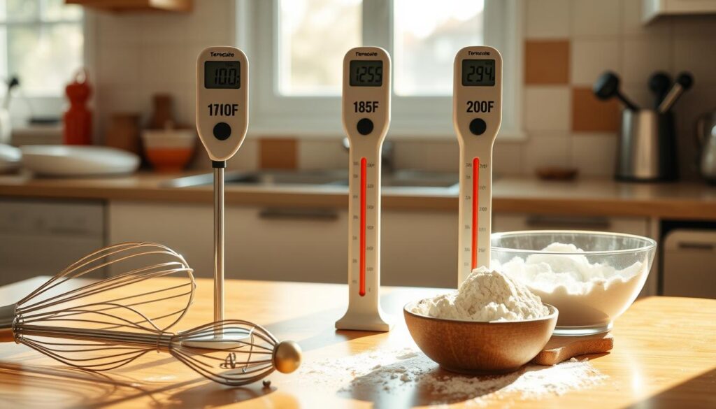 A cozy kitchen counter, its surface bathed in warm, natural light filtering through a nearby window. On the counter, three thermometers stand tall, their digital displays showing the ideal temperature ranges for baking sponge cake - a cool 160°F (70°C) for the oven, a comforting 185°F (85°C) for the center, and a toasty 200°F (93°C) for the edges. Surrounding the thermometers, a collection of baking tools and ingredients hint at the delicious creation to come - a whisk, a bowl of fluffy flour, and a dusting of powdered sugar, all conveying the perfect conditions for crafting a classic sponge cake. A cozy kitchen counter, its surface bathed in warm, natural light filtering through a nearby window. On the counter, three thermometers stand tall, their digital displays showing the ideal temperature ranges for baking sponge cake - a cool 160°F (70°C) for the oven, a comforting 185°F (85°C) for the center, and a toasty 200°F (93°C) for the edges. Surrounding the thermometers, a collection of baking tools and ingredients hint at the delicious creation to come - a whisk, a bowl of fluffy flour, and a dusting of powdered sugar, all conveying the perfect conditions for crafting a classic sponge cake.