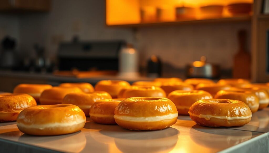 A cozy kitchen counter with an array of golden, freshly fried donuts glistening under warm, soft lighting. The donuts are arranged neatly, their puffy, pillowy shapes inviting a closer look. The surface is clean and uncluttered, allowing the donuts to take center stage. The background is slightly blurred, hinting at the larger kitchen space but keeping the focus on the donuts. The overall mood is one of culinary delight and the perfect temperature for frying, capturing the essence of the section title "W jakiej temperaturze smażyć pączki". A cozy kitchen counter with an array of golden, freshly fried donuts glistening under warm, soft lighting. The donuts are arranged neatly, their puffy, pillowy shapes inviting a closer look. The surface is clean and uncluttered, allowing the donuts to take center stage. The background is slightly blurred, hinting at the larger kitchen space but keeping the focus on the donuts. The overall mood is one of culinary delight and the perfect temperature for frying, capturing the essence of the section title "W jakiej temperaturze smażyć pączki".