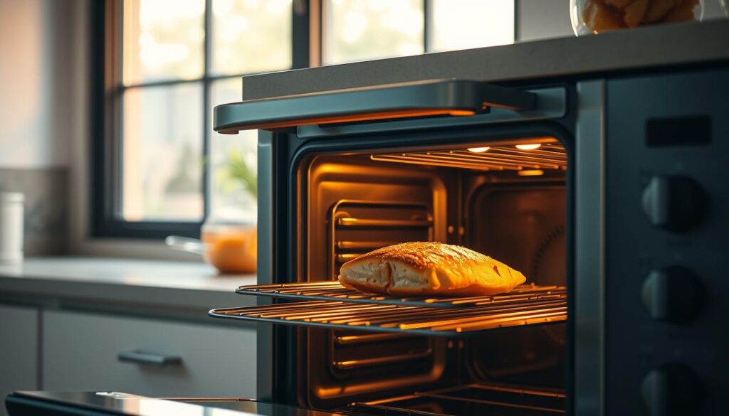 A cozy kitchen interior, with a stainless steel oven in the foreground, its door slightly ajar, revealing a fish fillet sizzling on the middle rack. Soft, warm lighting illuminates the scene, casting a golden glow. In the background, a large window allows natural daylight to filter in, casting soft shadows across the countertop. The air is filled with the savory aroma of baked fish, accompanied by the gentle hum of the oven. The composition emphasizes the passage of time, capturing the moment when the fish is at its most perfectly cooked, ready to be served. A cozy kitchen interior, with a stainless steel oven in the foreground, its door slightly ajar, revealing a fish fillet sizzling on the middle rack. Soft, warm lighting illuminates the scene, casting a golden glow. In the background, a large window allows natural daylight to filter in, casting soft shadows across the countertop. The air is filled with the savory aroma of baked fish, accompanied by the gentle hum of the oven. The composition emphasizes the passage of time, capturing the moment when the fish is at its most perfectly cooked, ready to be served.