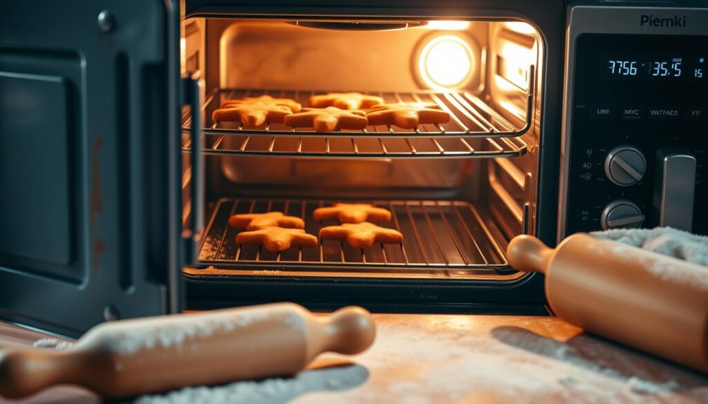 A cozy kitchen scene with a well-worn oven, its door slightly ajar, emitting a warm glow. Inside, golden-brown gingerbread cookies bake, filling the air with the inviting scents of cinnamon and nutmeg. The oven's digital display shows the precise temperature, 375°F (190°C), the ideal setting for baking the perfect pierniki. In the foreground, a wooden rolling pin and flour-dusted surface hint at the meticulous preparation that went into this seasonal treat. Soft, diffused lighting casts a comforting ambiance, capturing the essence of traditional holiday baking. A cozy kitchen scene with a well-worn oven, its door slightly ajar, emitting a warm glow. Inside, golden-brown gingerbread cookies bake, filling the air with the inviting scents of cinnamon and nutmeg. The oven's digital display shows the precise temperature, 375°F (190°C), the ideal setting for baking the perfect pierniki. In the foreground, a wooden rolling pin and flour-dusted surface hint at the meticulous preparation that went into this seasonal treat. Soft, diffused lighting casts a comforting ambiance, capturing the essence of traditional holiday baking.