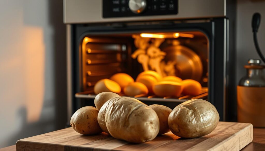 A cozy, well-lit kitchen with a modern oven in the center. Freshly scrubbed potatoes rest on a rustic wooden cutting board, their smooth skin glistening. The oven door is slightly ajar, revealing the golden-brown hue of perfectly baked potatoes. The light from the oven casts a warm, inviting glow across the scene. Steam rises from the potatoes, hinting at their crispy exterior and fluffy interior. The ambient temperature of the kitchen is comfortable, suggesting the optimal temperature for baking these delectable spuds. A hint of herbs or spices in the air adds to the enticing aroma. A cozy, well-lit kitchen with a modern oven in the center. Freshly scrubbed potatoes rest on a rustic wooden cutting board, their smooth skin glistening. The oven door is slightly ajar, revealing the golden-brown hue of perfectly baked potatoes. The light from the oven casts a warm, inviting glow across the scene. Steam rises from the potatoes, hinting at their crispy exterior and fluffy interior. The ambient temperature of the kitchen is comfortable, suggesting the optimal temperature for baking these delectable spuds. A hint of herbs or spices in the air adds to the enticing aroma.