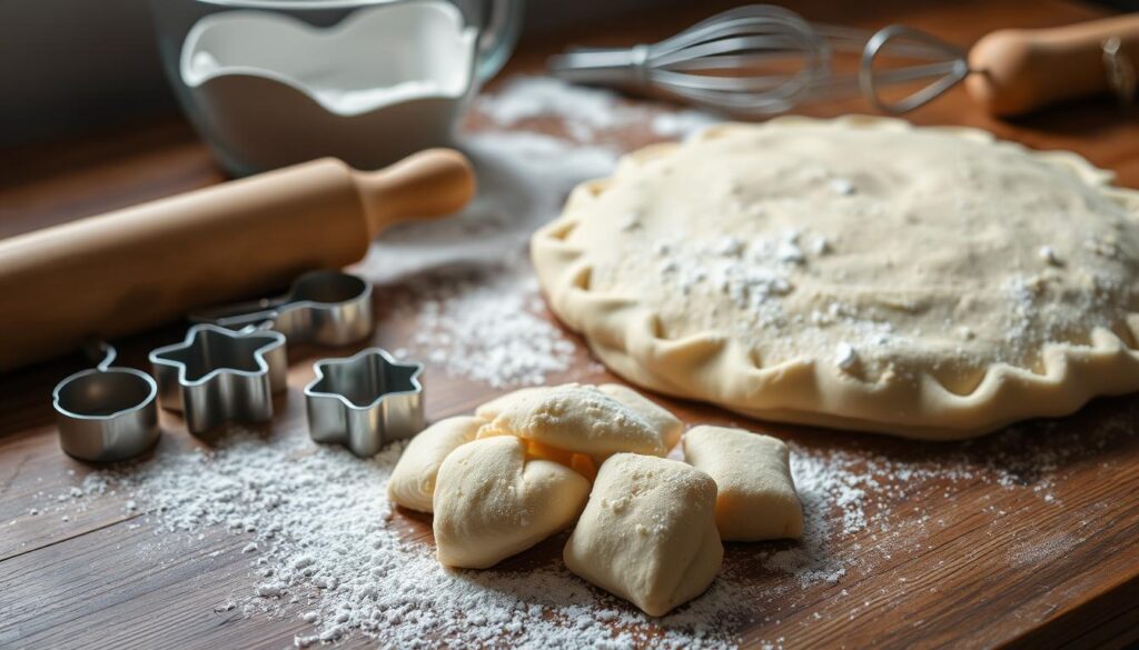 A crisp, flaky crust rests on a wooden table, dusted with powdered sugar. In the foreground, a rolling pin and a set of delicate cookie cutters lay beside a pile of chilled dough, its texture soft and pliable. The middle ground showcases a mixing bowl, a sifter, and a whisk, hinting at the careful preparation process. Soft, natural lighting illuminates the scene, casting subtle shadows and highlighting the delicate textures. The overall atmosphere exudes a sense of homemade, artisanal charm, inviting the viewer to imagine the satisfying experience of baking and enjoying the perfect batch of tender, buttery pastry. A crisp, flaky crust rests on a wooden table, dusted with powdered sugar. In the foreground, a rolling pin and a set of delicate cookie cutters lay beside a pile of chilled dough, its texture soft and pliable. The middle ground showcases a mixing bowl, a sifter, and a whisk, hinting at the careful preparation process. Soft, natural lighting illuminates the scene, casting subtle shadows and highlighting the delicate textures. The overall atmosphere exudes a sense of homemade, artisanal charm, inviting the viewer to imagine the satisfying experience of baking and enjoying the perfect batch of tender, buttery pastry.