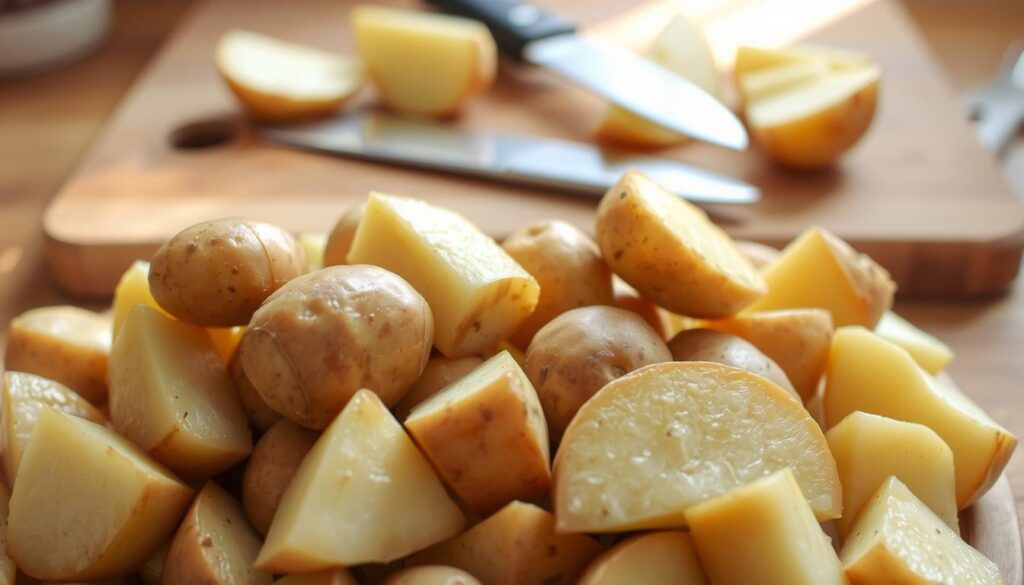 A detailed, step-by-step guide to preparing potatoes for roasting. In the foreground, a pile of fresh, scrubbed potatoes, their skins still intact, ready to be cut into wedges or halves. In the middle ground, a cutting board and a sharp knife, the tools for the task. The background is softly blurred, creating a sense of focus on the preparation process. The lighting is natural, casting a warm, homey glow over the scene, evoking the comforting aroma of baking potatoes. The overall mood is one of simplicity and culinary care, reflecting the importance of properly preparing the ingredients for a delicious roasted potato dish. A detailed, step-by-step guide to preparing potatoes for roasting. In the foreground, a pile of fresh, scrubbed potatoes, their skins still intact, ready to be cut into wedges or halves. In the middle ground, a cutting board and a sharp knife, the tools for the task. The background is softly blurred, creating a sense of focus on the preparation process. The lighting is natural, casting a warm, homey glow over the scene, evoking the comforting aroma of baking potatoes. The overall mood is one of simplicity and culinary care, reflecting the importance of properly preparing the ingredients for a delicious roasted potato dish.