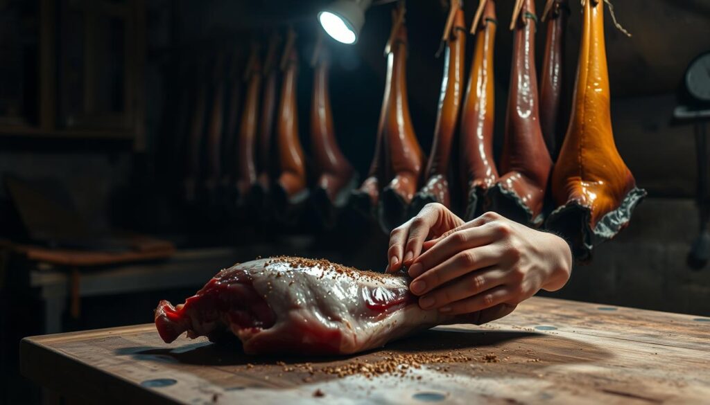 A dimly lit, rustic kitchen with an old-fashioned wooden table and a large cutting board. In the foreground, a skilled butcher's hands carefully trimming and seasoning a raw pork shoulder, preparing it for the curing process. Hanging in the background, rows of glistening, partially smoked ham hocks emit a warm, earthy aroma. The air is thick with the scent of spices and the faint haze of smoke, creating an atmosphere of traditional craftsmanship and time-honored techniques. A single, soft spotlight illuminates the scene, casting dramatic shadows and highlighting the intricate details of the curing process. A dimly lit, rustic kitchen with an old-fashioned wooden table and a large cutting board. In the foreground, a skilled butcher's hands carefully trimming and seasoning a raw pork shoulder, preparing it for the curing process. Hanging in the background, rows of glistening, partially smoked ham hocks emit a warm, earthy aroma. The air is thick with the scent of spices and the faint haze of smoke, creating an atmosphere of traditional craftsmanship and time-honored techniques. A single, soft spotlight illuminates the scene, casting dramatic shadows and highlighting the intricate details of the curing process.