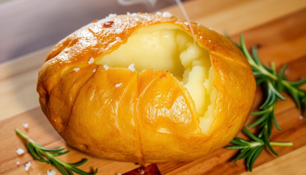 A golden-brown baked potato, its crisp, flaky skin glistening under a soft, warm light. The surface is lightly dusted with a sprinkling of coarse sea salt, while the interior appears fluffy and inviting. The potato sits atop a wooden cutting board, surrounded by a few sprigs of fresh rosemary and a hint of steam rising from the surface, suggesting the perfect temperature for baking - not too hot, not too cool, but just right. The composition is simple, yet evocative, drawing the viewer's attention to the satisfying texture and flavor of the humble yet delicious potato. A golden-brown baked potato, its crisp, flaky skin glistening under a soft, warm light. The surface is lightly dusted with a sprinkling of coarse sea salt, while the interior appears fluffy and inviting. The potato sits atop a wooden cutting board, surrounded by a few sprigs of fresh rosemary and a hint of steam rising from the surface, suggesting the perfect temperature for baking - not too hot, not too cool, but just right. The composition is simple, yet evocative, drawing the viewer's attention to the satisfying texture and flavor of the humble yet delicious potato.