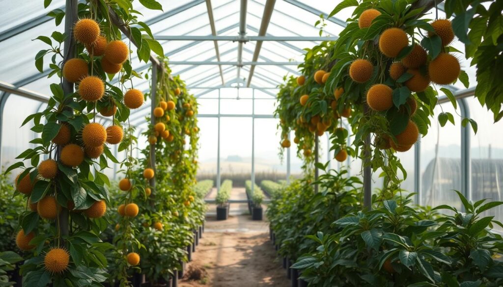 A greenhouse interior bathed in soft, diffused natural light. In the foreground, lush, verdant kiwano vines wind up trellises, their spiny, golden-orange fruits hanging in clusters. The middle ground features orderly rows of potted kiwano plants, their leaves gently swaying. In the background, the glass walls and ceiling of the greenhouse offer glimpses of a hazy, pastoral landscape beyond. The overall atmosphere is one of tranquility and abundance, highlighting the ideal growing conditions for this unusual and intriguing exotic fruit. A greenhouse interior bathed in soft, diffused natural light. In the foreground, lush, verdant kiwano vines wind up trellises, their spiny, golden-orange fruits hanging in clusters. The middle ground features orderly rows of potted kiwano plants, their leaves gently swaying. In the background, the glass walls and ceiling of the greenhouse offer glimpses of a hazy, pastoral landscape beyond. The overall atmosphere is one of tranquility and abundance, highlighting the ideal growing conditions for this unusual and intriguing exotic fruit.