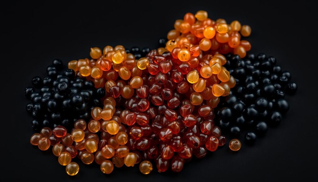 A high-contrast close-up of various types of premium caviar neatly arranged on a sleek black background, illuminated by soft, diffuse lighting creating a sense of luxurious elegance. The caviar is displayed in a visually compelling manner, showcasing the distinct textures, colors, and sizes of different caviar varietals such as Beluga, Sevruga, and Ossetra. The image conveys the refined essence of this exquisite delicacy, inviting the viewer to appreciate the nuanced qualities and exclusivity of each type of caviar. A high-contrast close-up of various types of premium caviar neatly arranged on a sleek black background, illuminated by soft, diffuse lighting creating a sense of luxurious elegance. The caviar is displayed in a visually compelling manner, showcasing the distinct textures, colors, and sizes of different caviar varietals such as Beluga, Sevruga, and Ossetra. The image conveys the refined essence of this exquisite delicacy, inviting the viewer to appreciate the nuanced qualities and exclusivity of each type of caviar.