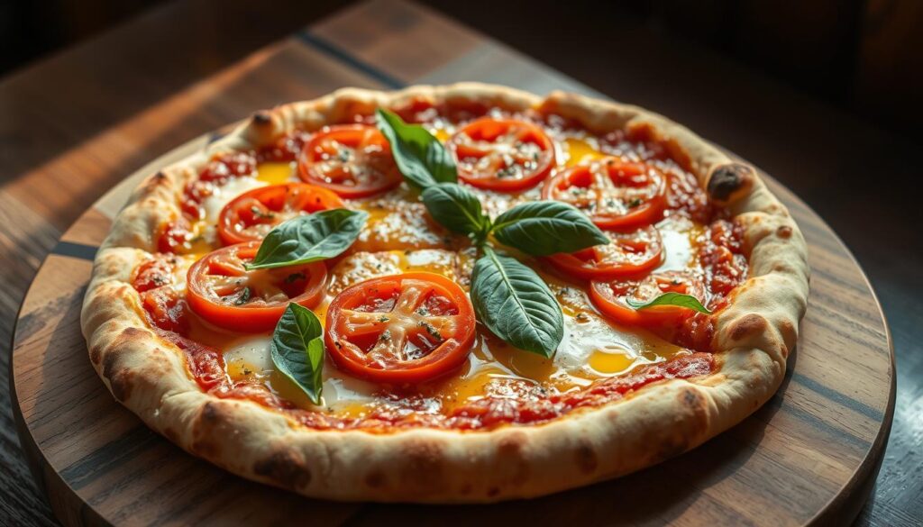 A homemade pizza with a golden-brown crust, bubbling with melted mozzarella cheese, topped with fresh tomato slices, aromatic basil leaves, and a drizzle of olive oil. The pizza is placed on a rustic wooden board, illuminated by warm, natural lighting that casts a cozy glow. The scene captures the inviting and comforting atmosphere of a homemade pizza, ready to be enjoyed as a satisfying and quick meal. A homemade pizza with a golden-brown crust, bubbling with melted mozzarella cheese, topped with fresh tomato slices, aromatic basil leaves, and a drizzle of olive oil. The pizza is placed on a rustic wooden board, illuminated by warm, natural lighting that casts a cozy glow. The scene captures the inviting and comforting atmosphere of a homemade pizza, ready to be enjoyed as a satisfying and quick meal.