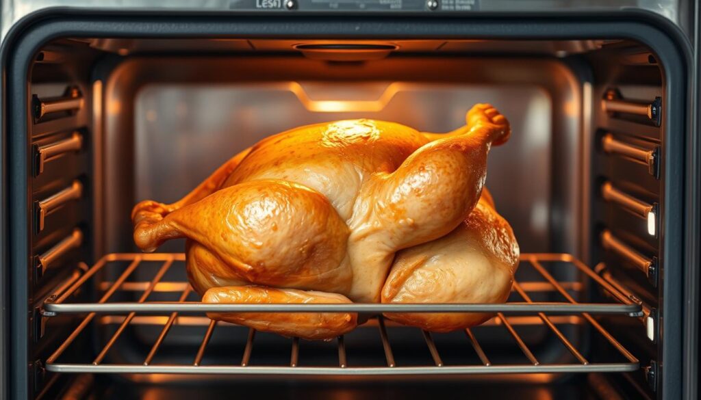 A juicy, golden-brown whole chicken roasting in a modern, stainless steel oven, its crispy skin glistening under the warm, diffused lighting. The bird is positioned at the center of the frame, its plump, evenly-cooked form inviting the viewer to imagine its tender, flavorful meat. The oven interior is clearly visible, showcasing the chicken's exact placement on the middle rack, the temperature gauge reading the precise, optimal cooking temperature. The scene conveys a sense of culinary expertise and attention to detail, perfectly capturing the essence of the "Temperatura pieczenia kurczaka w całości" section. A juicy, golden-brown whole chicken roasting in a modern, stainless steel oven, its crispy skin glistening under the warm, diffused lighting. The bird is positioned at the center of the frame, its plump, evenly-cooked form inviting the viewer to imagine its tender, flavorful meat. The oven interior is clearly visible, showcasing the chicken's exact placement on the middle rack, the temperature gauge reading the precise, optimal cooking temperature. The scene conveys a sense of culinary expertise and attention to detail, perfectly capturing the essence of the "Temperatura pieczenia kurczaka w całości" section.