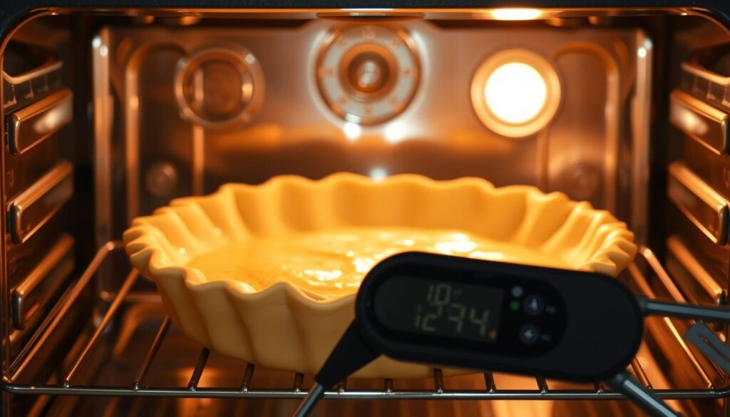A large, chrome-plated oven with a glass door, bathed in warm, golden light. Inside, a perfectly baked, golden-brown, flaky pie crust, the surface glistening with a light glaze. The crust's edges are delicately crimped, and a tantalizing aroma of buttery pastry fills the air. In the foreground, a precision cooking thermometer displays the optimal baking temperature, its digital readout clear and easy to read. The overall scene conveys a sense of culinary precision, inviting the viewer to imagine the delicious, melt-in-your-mouth texture of the freshly baked pastry. A large, chrome-plated oven with a glass door, bathed in warm, golden light. Inside, a perfectly baked, golden-brown, flaky pie crust, the surface glistening with a light glaze. The crust's edges are delicately crimped, and a tantalizing aroma of buttery pastry fills the air. In the foreground, a precision cooking thermometer displays the optimal baking temperature, its digital readout clear and easy to read. The overall scene conveys a sense of culinary precision, inviting the viewer to imagine the delicious, melt-in-your-mouth texture of the freshly baked pastry.