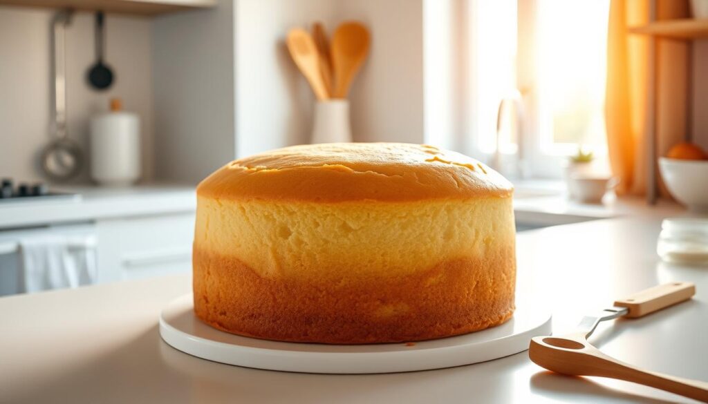 A large, freshly baked golden-brown sponge cake, its smooth and airy texture inviting the viewer to imagine its delightful flavor. The cake is placed on a clean white kitchen counter, illuminated by warm, diffused natural light streaming through a nearby window. The surroundings are minimalist, allowing the cake to be the focal point. Carefully placed kitchen tools and utensils, such as a whisk, mixing bowl, and measuring cups, suggest the process of preparing the cake. The overall scene conveys a sense of culinary expertise and the satisfaction of a successful baking endeavor. A large, freshly baked golden-brown sponge cake, its smooth and airy texture inviting the viewer to imagine its delightful flavor. The cake is placed on a clean white kitchen counter, illuminated by warm, diffused natural light streaming through a nearby window. The surroundings are minimalist, allowing the cake to be the focal point. Carefully placed kitchen tools and utensils, such as a whisk, mixing bowl, and measuring cups, suggest the process of preparing the cake. The overall scene conveys a sense of culinary expertise and the satisfaction of a successful baking endeavor.
