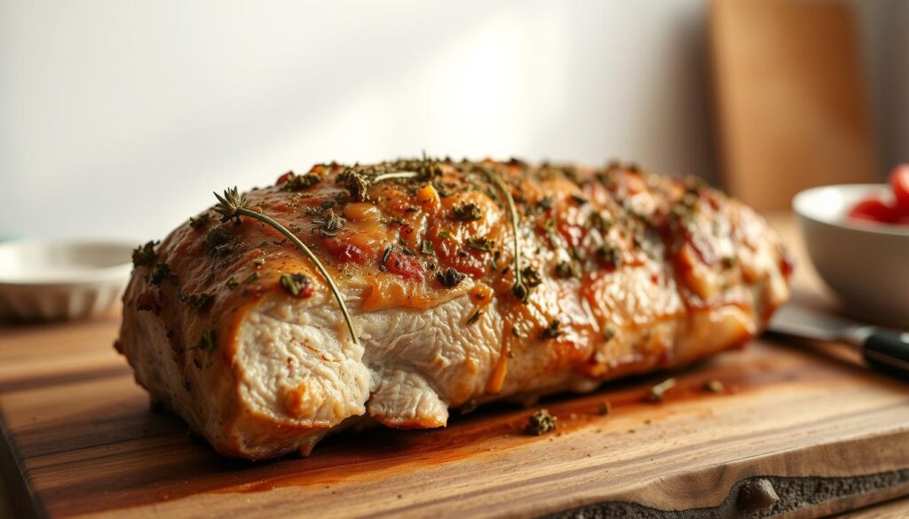 A meticulously prepared roasted pork loin, perfectly seasoned, rests on a rustic wooden cutting board. The meat's rich, caramelized exterior is complemented by an aromatic blend of herbs and spices, hinting at the succulent, juicy interior. Warm, natural lighting casts a soft glow, emphasizing the dish's inviting texture and aroma. In the background, a minimalist kitchen setting with neutral tones provides a clean, uncluttered backdrop, allowing the star of the scene - the expertly cooked pork - to take center stage. A meticulously prepared roasted pork loin, perfectly seasoned, rests on a rustic wooden cutting board. The meat's rich, caramelized exterior is complemented by an aromatic blend of herbs and spices, hinting at the succulent, juicy interior. Warm, natural lighting casts a soft glow, emphasizing the dish's inviting texture and aroma. In the background, a minimalist kitchen setting with neutral tones provides a clean, uncluttered backdrop, allowing the star of the scene - the expertly cooked pork - to take center stage.