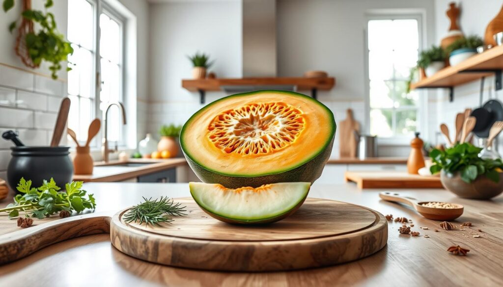 A modern kitchen interior with a central focus on a wooden cutting board showcasing a freshly sliced kiwano melon. The melon's striking green and orange hues are highlighted by soft, natural lighting filtering in through large windows. Surrounding the cutting board are various kitchen utensils, herbs, and spices, creating a visually appealing and inviting composition. The overall atmosphere is one of culinary exploration and the celebration of exotic, vibrant ingredients. A modern kitchen interior with a central focus on a wooden cutting board showcasing a freshly sliced kiwano melon. The melon's striking green and orange hues are highlighted by soft, natural lighting filtering in through large windows. Surrounding the cutting board are various kitchen utensils, herbs, and spices, creating a visually appealing and inviting composition. The overall atmosphere is one of culinary exploration and the celebration of exotic, vibrant ingredients.