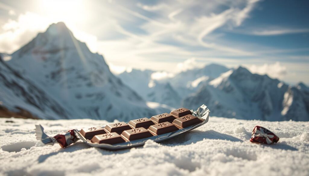 A mouthwatering chocolate bar resting on a rugged, snow-covered mountainside, its rich, dark hue contrasting with the crisp, white landscape. Sunlight filters through wispy clouds, casting a warm, golden glow on the scene. In the background, the imposing silhouette of Mount Everest looms, its jagged peaks piercing the sky. The chocolate bar, wrapped in shiny foil, symbolizes the vital role it plays as a high-calorie, energy-dense food for mountaineers tackling the world's highest summit. The image captures the unique experience of savoring this decadent treat amidst the unforgiving, yet breathtaking, environment of the Himalayas. A mouthwatering chocolate bar resting on a rugged, snow-covered mountainside, its rich, dark hue contrasting with the crisp, white landscape. Sunlight filters through wispy clouds, casting a warm, golden glow on the scene. In the background, the imposing silhouette of Mount Everest looms, its jagged peaks piercing the sky. The chocolate bar, wrapped in shiny foil, symbolizes the vital role it plays as a high-calorie, energy-dense food for mountaineers tackling the world's highest summit. The image captures the unique experience of savoring this decadent treat amidst the unforgiving, yet breathtaking, environment of the Himalayas.