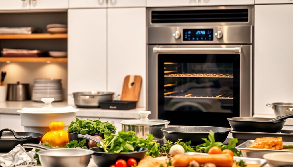 A pristine kitchen with a stainless steel oven in the center, its digital display showing various temperature settings. In the foreground, an array of cookware - cast iron skillets, ceramic baking dishes, and metal trays - arranged neatly, conveying the tools needed for precise temperature control. The middle ground features a selection of fresh ingredients, such as herbs, spices, and vegetables, hinting at the culinary delights to be created. Soft, diffused lighting from overhead casts a warm, inviting glow, setting the mood for the preparation of flavorful, temperature-sensitive dishes. A pristine kitchen with a stainless steel oven in the center, its digital display showing various temperature settings. In the foreground, an array of cookware - cast iron skillets, ceramic baking dishes, and metal trays - arranged neatly, conveying the tools needed for precise temperature control. The middle ground features a selection of fresh ingredients, such as herbs, spices, and vegetables, hinting at the culinary delights to be created. Soft, diffused lighting from overhead casts a warm, inviting glow, setting the mood for the preparation of flavorful, temperature-sensitive dishes.