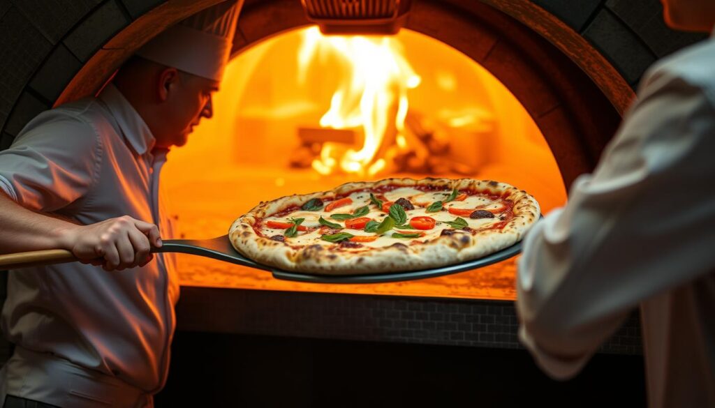 A professional chef carefully maneuvering a pizza into a high-temperature, wood-fired oven with a long peel. The interior of the oven glows with intense radiant heat, creating an authentic, artisanal ambiance. The pizza dough has been expertly stretched and topped with fresh, vibrant ingredients. Careful attention is paid to every aspect of the baking process, from the angle of the peel to the precise timing of the rotation, ensuring an evenly cooked crust with a crisp, leopard-spotted bottom. The chef's movements are confident and practiced, a testament to their mastery of the craft. The resulting pizza, fresh from the oven, exudes the mouthwatering aroma of wood smoke and melted cheese, beckoning the viewer to take a bite. A professional chef carefully maneuvering a pizza into a high-temperature, wood-fired oven with a long peel. The interior of the oven glows with intense radiant heat, creating an authentic, artisanal ambiance. The pizza dough has been expertly stretched and topped with fresh, vibrant ingredients. Careful attention is paid to every aspect of the baking process, from the angle of the peel to the precise timing of the rotation, ensuring an evenly cooked crust with a crisp, leopard-spotted bottom. The chef's movements are confident and practiced, a testament to their mastery of the craft. The resulting pizza, fresh from the oven, exudes the mouthwatering aroma of wood smoke and melted cheese, beckoning the viewer to take a bite.