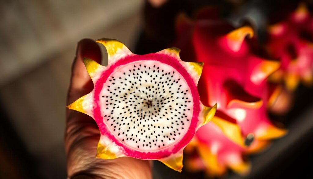 A ripe, vibrant dragon fruit held in a hand, its fleshy pink skin glistening under warm, soft lighting. The exotic fruit's center is revealed, exposing its mesmerizing white interior dotted with tiny black seeds. The scene is captured at a slight angle, creating a sense of depth and dimension. The background is blurred, allowing the dragon fruit to be the focal point, showcasing its unique and intriguing appearance. The overall mood is one of curiosity and wonder, inviting the viewer to imagine the taste and texture of this captivating tropical delight. A ripe, vibrant dragon fruit held in a hand, its fleshy pink skin glistening under warm, soft lighting. The exotic fruit's center is revealed, exposing its mesmerizing white interior dotted with tiny black seeds. The scene is captured at a slight angle, creating a sense of depth and dimension. The background is blurred, allowing the dragon fruit to be the focal point, showcasing its unique and intriguing appearance. The overall mood is one of curiosity and wonder, inviting the viewer to imagine the taste and texture of this captivating tropical delight.