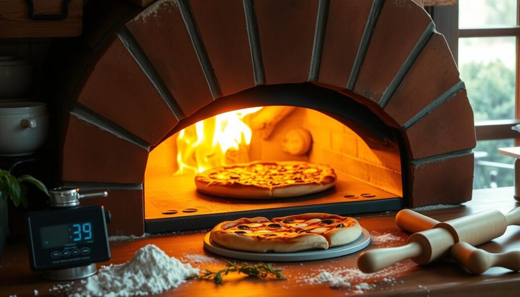 A rustic Italian kitchen interior, with a wood-fired pizza oven taking center stage. The oven's door is open, revealing the glowing embers and the pizza inside, perfectly charred and bubbling. Warm, golden light spills out, casting a cozy glow over the scene. On the countertop, a kitchen timer ticks away, while a digital thermometer displays the oven's precise temperature. Flour, herbs, and rolling pins hint at the process of pizza-making. The overall atmosphere evokes the sights, smells, and sensations of a traditional pizzeria, inviting the viewer to imagine the perfect home-baked pizza. A rustic Italian kitchen interior, with a wood-fired pizza oven taking center stage. The oven's door is open, revealing the glowing embers and the pizza inside, perfectly charred and bubbling. Warm, golden light spills out, casting a cozy glow over the scene. On the countertop, a kitchen timer ticks away, while a digital thermometer displays the oven's precise temperature. Flour, herbs, and rolling pins hint at the process of pizza-making. The overall atmosphere evokes the sights, smells, and sensations of a traditional pizzeria, inviting the viewer to imagine the perfect home-baked pizza.