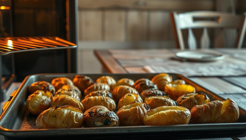 A rustic kitchen scene with a baking sheet of golden-brown baked potatoes fresh from the oven. The potatoes are slightly charred on the edges, emitting an appetizing aroma of roasted garlic and herbs. The oven door is slightly ajar, revealing the glow of hot coils. Soft, diffused lighting casts a warm glow over the scene, highlighting the crisp, crinkly skins of the potatoes. In the background, a weathered wooden table and chairs set the scene for a cozy, homemade meal. The overall mood is one of comfort, simplicity, and the satisfying results of home cooking. A rustic kitchen scene with a baking sheet of golden-brown baked potatoes fresh from the oven. The potatoes are slightly charred on the edges, emitting an appetizing aroma of roasted garlic and herbs. The oven door is slightly ajar, revealing the glow of hot coils. Soft, diffused lighting casts a warm glow over the scene, highlighting the crisp, crinkly skins of the potatoes. In the background, a weathered wooden table and chairs set the scene for a cozy, homemade meal. The overall mood is one of comfort, simplicity, and the satisfying results of home cooking.