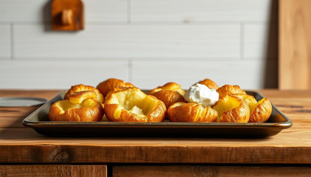 A rustic wooden kitchen counter, its weathered surface illuminated by warm, natural lighting. Atop the counter, a baking sheet holds a mouthwatering arrangement of golden-brown, crispy-skinned baked potatoes. Their fluffy, steaming interiors beckon, ready to be enjoyed with a sprinkle of salt and a dollop of fresh sour cream. In the background, a simple, minimalist backdrop emphasizes the focus on the delectable, homemade potatoes. The scene evokes a cozy, comforting atmosphere, inviting the viewer to imagine the satisfying crunch and creamy texture of these perfectly roasted potatoes. A rustic wooden kitchen counter, its weathered surface illuminated by warm, natural lighting. Atop the counter, a baking sheet holds a mouthwatering arrangement of golden-brown, crispy-skinned baked potatoes. Their fluffy, steaming interiors beckon, ready to be enjoyed with a sprinkle of salt and a dollop of fresh sour cream. In the background, a simple, minimalist backdrop emphasizes the focus on the delectable, homemade potatoes. The scene evokes a cozy, comforting atmosphere, inviting the viewer to imagine the satisfying crunch and creamy texture of these perfectly roasted potatoes.