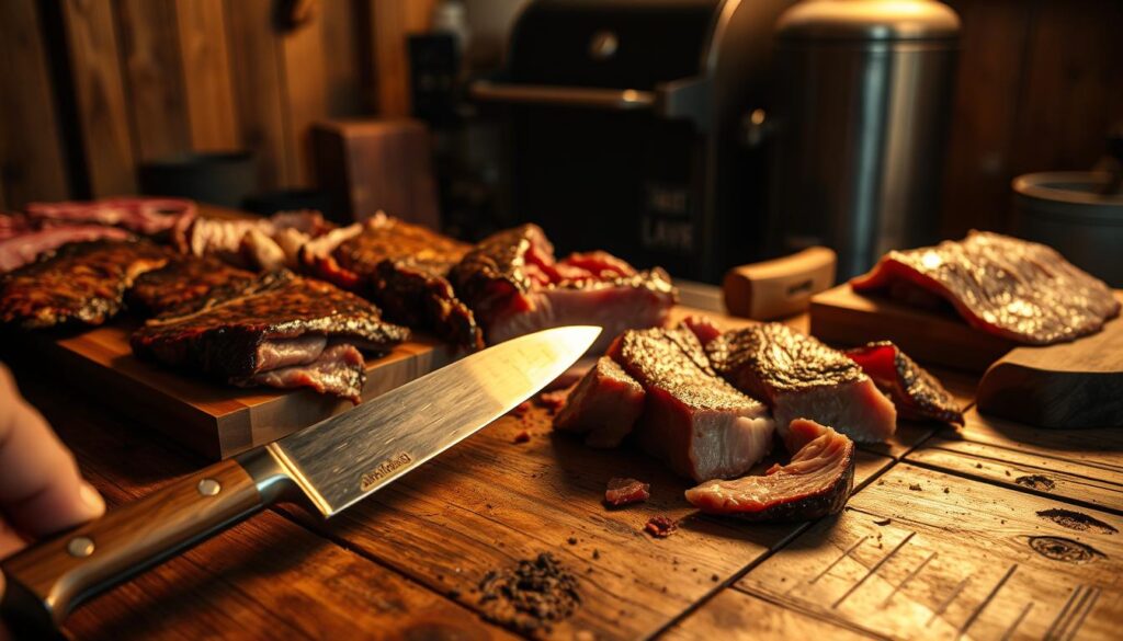 A rustic wooden table, the surface adorned with various meat cuts, ready for the smoking process. In the foreground, a chef's knife gleams, poised to meticulously trim the fat and sinew. Wooden butcher's blocks stand nearby, their well-worn surfaces a testament to the care and attention given to the preparation. Overhead, a warm, golden light casts a cozy glow, casting shadows that accentuate the textures of the raw ingredients. In the background, a smoker stands, its steel frame a promise of the flavorful transformation to come. The scene evokes a sense of tradition, with the skilled hands of the artisan preparer at the center of the image. A rustic wooden table, the surface adorned with various meat cuts, ready for the smoking process. In the foreground, a chef's knife gleams, poised to meticulously trim the fat and sinew. Wooden butcher's blocks stand nearby, their well-worn surfaces a testament to the care and attention given to the preparation. Overhead, a warm, golden light casts a cozy glow, casting shadows that accentuate the textures of the raw ingredients. In the background, a smoker stands, its steel frame a promise of the flavorful transformation to come. The scene evokes a sense of tradition, with the skilled hands of the artisan preparer at the center of the image.