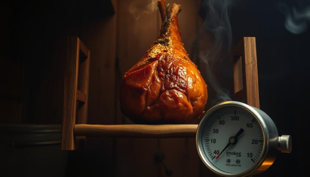 A smoky, rustic interior of a traditional smokehouse, with a central wooden rack holding a glistening, golden-brown smoked ham. Soft, warm lighting illuminates the scene, casting gentle shadows and highlighting the intricate textures of the wood and meat. The air is thick with the aroma of smoked spices and curing meats. In the foreground, a temperature gauge is prominently displayed, its needle indicating the optimal smoking temperature for the perfect texture and flavor. The background blends seamlessly with the scene, hinting at the craftsmanship and care involved in the traditional art of smoking meats. A smoky, rustic interior of a traditional smokehouse, with a central wooden rack holding a glistening, golden-brown smoked ham. Soft, warm lighting illuminates the scene, casting gentle shadows and highlighting the intricate textures of the wood and meat. The air is thick with the aroma of smoked spices and curing meats. In the foreground, a temperature gauge is prominently displayed, its needle indicating the optimal smoking temperature for the perfect texture and flavor. The background blends seamlessly with the scene, hinting at the craftsmanship and care involved in the traditional art of smoking meats.