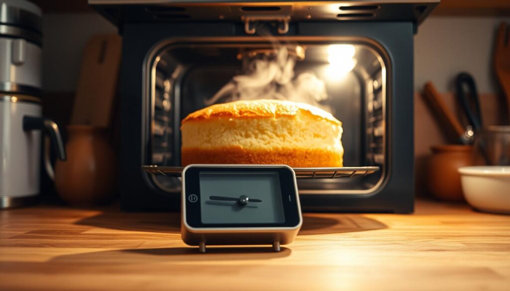 A steaming, golden-brown sponge cake emerging from a well-lit oven, its tender crumb visible through the glass window. In the foreground, a sleek kitchen timer counts down the minutes, its metal casing gleaming. The background features warm, earthy tones, with a hint of vintage appliances and utensils, creating a cozy, homely atmosphere. Soft, diffused lighting casts gentle shadows, emphasizing the cake's fluffy texture and the careful monitoring of the baking process. An image that captures the anticipation and precision involved in baking the perfect sponge cake. A steaming, golden-brown sponge cake emerging from a well-lit oven, its tender crumb visible through the glass window. In the foreground, a sleek kitchen timer counts down the minutes, its metal casing gleaming. The background features warm, earthy tones, with a hint of vintage appliances and utensils, creating a cozy, homely atmosphere. Soft, diffused lighting casts gentle shadows, emphasizing the cake's fluffy texture and the careful monitoring of the baking process. An image that captures the anticipation and precision involved in baking the perfect sponge cake.