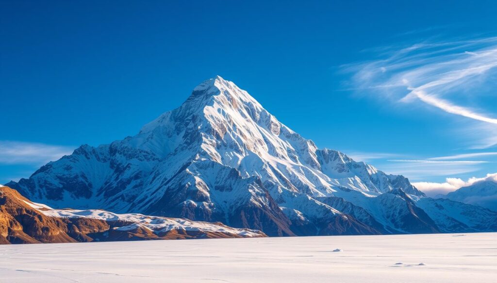 A towering snow-capped peak rises majestically against a brilliant azure sky, its jagged edges cutting sharply into the thin, crisp air. Bands of rugged rock and shimmering glacial ice cling to the slopes, creating a stark and dramatic landscape. In the foreground, a sprawling field of pristine snow reflects the warm glow of the sun, while in the distance, wispy clouds drift lazily across the horizon. The scene conveys a sense of awe-inspiring grandeur and the profound isolation of the world's highest mountain, Everest, standing as a silent sentinel at the roof of the world. A towering snow-capped peak rises majestically against a brilliant azure sky, its jagged edges cutting sharply into the thin, crisp air. Bands of rugged rock and shimmering glacial ice cling to the slopes, creating a stark and dramatic landscape. In the foreground, a sprawling field of pristine snow reflects the warm glow of the sun, while in the distance, wispy clouds drift lazily across the horizon. The scene conveys a sense of awe-inspiring grandeur and the profound isolation of the world's highest mountain, Everest, standing as a silent sentinel at the roof of the world.