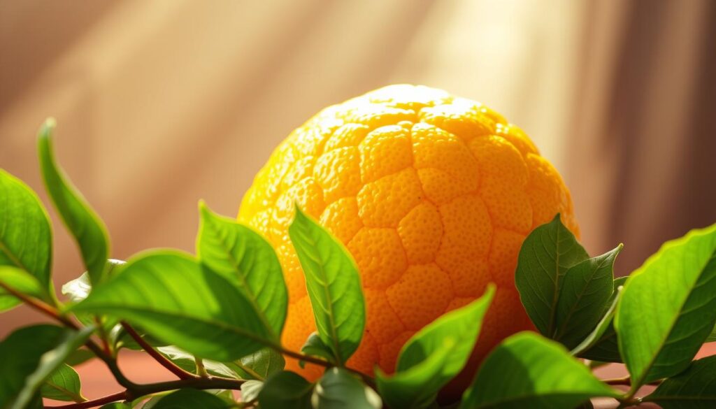 A vibrant, high-resolution image of a succulent pomelo fruit, its thick, dimpled rind glowing with a warm, golden hue. The fruit is set against a soft, blurred background, emphasizing its tactile presence. Rays of natural light cascade over the fruit, casting subtle shadows and highlights that accentuate its voluptuous form. In the foreground, lush, green pomelo leaves splay out, their tender veins and delicate edges adding depth and texture to the scene. The overall mood is one of wellness and nourishment, inviting the viewer to imagine the fruit's refreshing, healthful qualities. A vibrant, high-resolution image of a succulent pomelo fruit, its thick, dimpled rind glowing with a warm, golden hue. The fruit is set against a soft, blurred background, emphasizing its tactile presence. Rays of natural light cascade over the fruit, casting subtle shadows and highlights that accentuate its voluptuous form. In the foreground, lush, green pomelo leaves splay out, their tender veins and delicate edges adding depth and texture to the scene. The overall mood is one of wellness and nourishment, inviting the viewer to imagine the fruit's refreshing, healthful qualities.