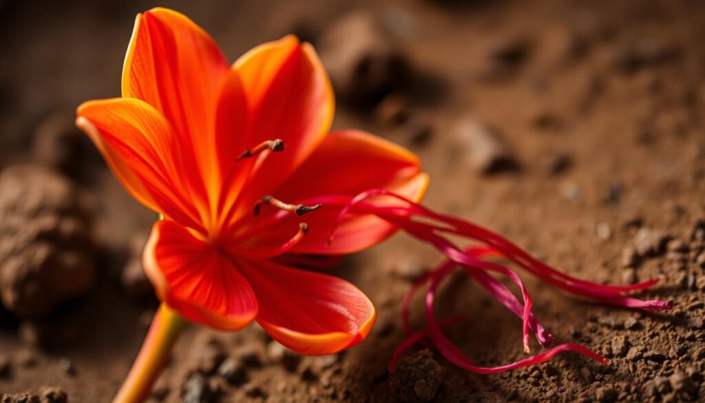 A vibrant saffron flower in bloom, its delicate petals unfurling against a backdrop of earthy tones. The stigmas, the prized essence of the spice, are carefully plucked and presented, inviting the viewer to consider their unique, complex flavor. Soft lighting casts a warm glow, highlighting the flower's intricate structure and the subtleties of its aroma. The scene exudes a sense of quiet contemplation, prompting the observer to imagine the depth and nuance of the saffron's taste. A vibrant saffron flower in bloom, its delicate petals unfurling against a backdrop of earthy tones. The stigmas, the prized essence of the spice, are carefully plucked and presented, inviting the viewer to consider their unique, complex flavor. Soft lighting casts a warm glow, highlighting the flower's intricate structure and the subtleties of its aroma. The scene exudes a sense of quiet contemplation, prompting the observer to imagine the depth and nuance of the saffron's taste.