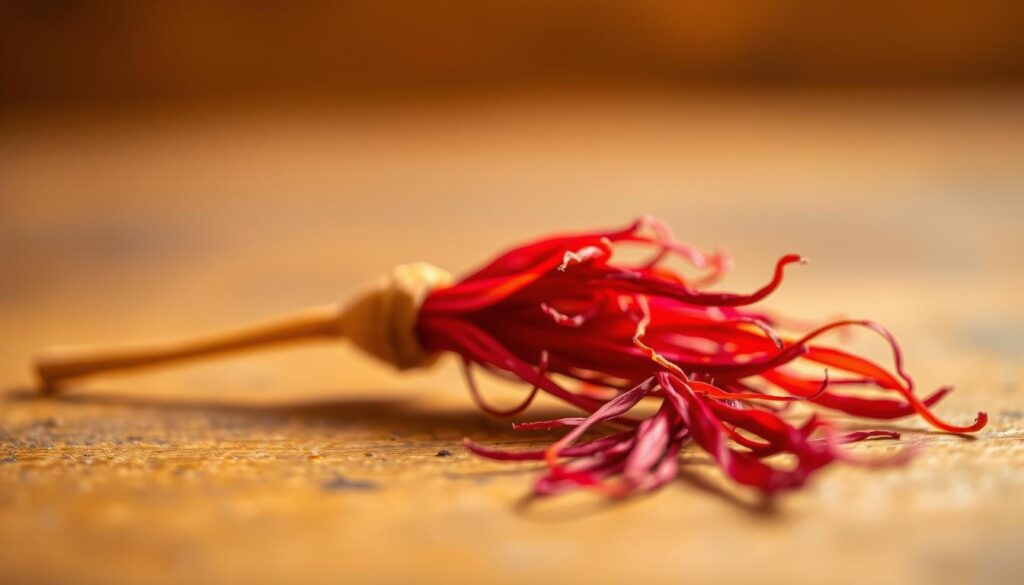 A vibrant saffron flower, its delicate crimson threads gently unfurled, resting atop a wooden table. The soft, warm lighting casts a golden hue, accentuating the fragrant spice's earthy tones. In the foreground, a few saffron threads are carefully arranged, their subtle aroma permeating the air. The background is blurred, allowing the viewer to focus on the captivating essence of this rare and precious spice, the "smak szafranu" (the taste of saffron). The composition evokes a sense of reverence and appreciation for this culinary treasure, as if inviting the viewer to experience its unique and complex flavor. A vibrant saffron flower, its delicate crimson threads gently unfurled, resting atop a wooden table. The soft, warm lighting casts a golden hue, accentuating the fragrant spice's earthy tones. In the foreground, a few saffron threads are carefully arranged, their subtle aroma permeating the air. The background is blurred, allowing the viewer to focus on the captivating essence of this rare and precious spice, the "smak szafranu" (the taste of saffron). The composition evokes a sense of reverence and appreciation for this culinary treasure, as if inviting the viewer to experience its unique and complex flavor.