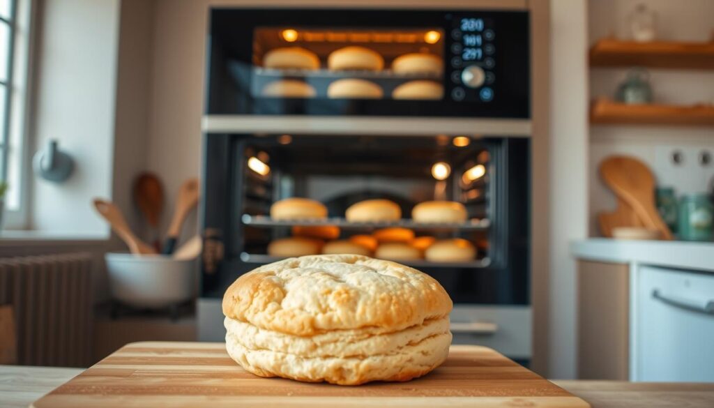 A warm, cozy kitchen interior filled with the aroma of freshly baked biscuits. In the foreground, a golden-brown biscuit cake rests on a wooden cutting board, its fluffy texture and delicate crumb inviting closer inspection. Overhead, a state-of-the-art oven with a large window displays the biscuits as they bake, their surface glistening with a perfect golden-brown hue. The oven's digital display shows the precise temperature setting, illuminating the optimal conditions for achieving the perfect biscuit. In the background, a tidy counter hosts various baking tools and ingredients, hinting at the care and attention that goes into crafting these delectable treats. Soft, natural lighting filters in through a nearby window, casting a warm, homey glow over the scene. A warm, cozy kitchen interior filled with the aroma of freshly baked biscuits. In the foreground, a golden-brown biscuit cake rests on a wooden cutting board, its fluffy texture and delicate crumb inviting closer inspection. Overhead, a state-of-the-art oven with a large window displays the biscuits as they bake, their surface glistening with a perfect golden-brown hue. The oven's digital display shows the precise temperature setting, illuminating the optimal conditions for achieving the perfect biscuit. In the background, a tidy counter hosts various baking tools and ingredients, hinting at the care and attention that goes into crafting these delectable treats. Soft, natural lighting filters in through a nearby window, casting a warm, homey glow over the scene.