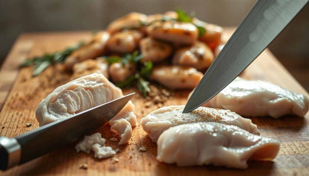 A wooden cutting board, close-up, showcases the preparation of chicken meat. In the foreground, a chef's knife carefully slices through tender chicken breasts, revealing their moist, white interior. The middle ground features a pile of seasoned chicken pieces, sprinkled with aromatic herbs and spices, ready for roasting. In the background, a warm, natural lighting illuminates the scene, creating a cozy, homey atmosphere. The overall composition emphasizes the care and attention to detail involved in the proper preparation of chicken for an optimal baking experience. A wooden cutting board, close-up, showcases the preparation of chicken meat. In the foreground, a chef's knife carefully slices through tender chicken breasts, revealing their moist, white interior. The middle ground features a pile of seasoned chicken pieces, sprinkled with aromatic herbs and spices, ready for roasting. In the background, a warm, natural lighting illuminates the scene, creating a cozy, homey atmosphere. The overall composition emphasizes the care and attention to detail involved in the proper preparation of chicken for an optimal baking experience.