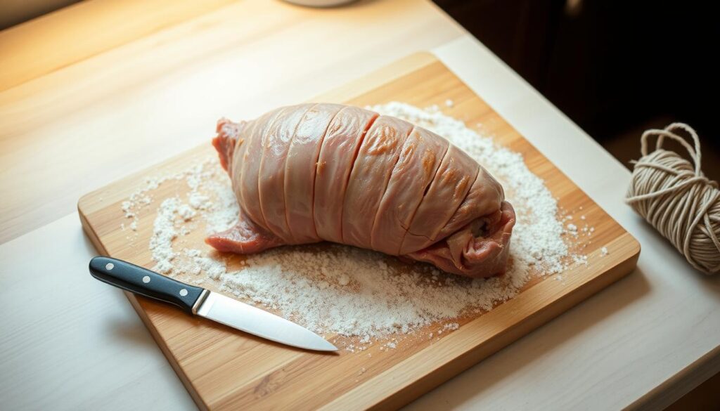 A wooden cutting board rests on a kitchen counter, its surface lightly floured. Atop it, a sizable pork loin lies ready, its skin lightly scored in a crosshatch pattern. Nearby, a sharp knife and kitchen twine stand at the ready, suggesting the preparation process about to unfold. Soft, warm lighting from overhead casts a gentle glow, highlighting the meat's rich, marbled texture. The scene evokes a sense of culinary anticipation, a carefully orchestrated prelude to the aromatic, succulent roast to come. A wooden cutting board rests on a kitchen counter, its surface lightly floured. Atop it, a sizable pork loin lies ready, its skin lightly scored in a crosshatch pattern. Nearby, a sharp knife and kitchen twine stand at the ready, suggesting the preparation process about to unfold. Soft, warm lighting from overhead casts a gentle glow, highlighting the meat's rich, marbled texture. The scene evokes a sense of culinary anticipation, a carefully orchestrated prelude to the aromatic, succulent roast to come.