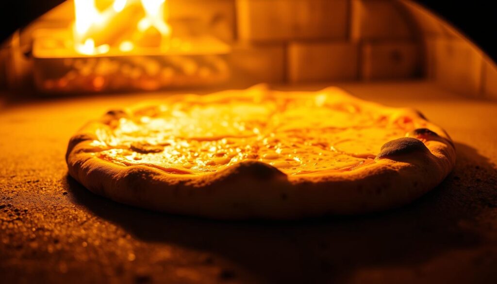 An elegantly lit closeup of a pizza baking in a traditional wood-fired oven, the crust golden-brown and bubbly, the edges charred to perfection. The stone floor of the oven glows with a warm, amber light, casting a soft, inviting glow on the pizza. The heat radiates palpably, the air thick with the aroma of baking dough and melted cheese. The camera angle is low, emphasizing the intense, high-temperature environment, creating a sense of immersion and connection with the pizza-making process. The overall mood is one of artisanal craft, culinary precision, and the comforting heat of a homemade pizza fresh from the oven. An elegantly lit closeup of a pizza baking in a traditional wood-fired oven, the crust golden-brown and bubbly, the edges charred to perfection. The stone floor of the oven glows with a warm, amber light, casting a soft, inviting glow on the pizza. The heat radiates palpably, the air thick with the aroma of baking dough and melted cheese. The camera angle is low, emphasizing the intense, high-temperature environment, creating a sense of immersion and connection with the pizza-making process. The overall mood is one of artisanal craft, culinary precision, and the comforting heat of a homemade pizza fresh from the oven.