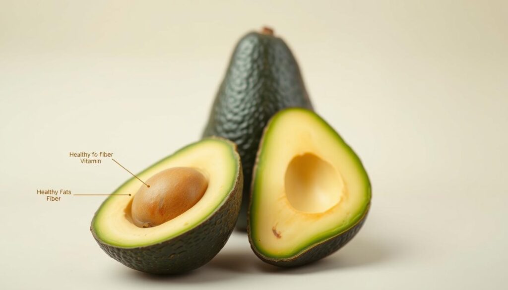 Detailed cross-sectional illustration of an avocado, showcasing its nutritional properties. Vibrant, high-resolution image with a scientific, educational tone. Foreground depicts the avocado's creamy interior, meticulously labeled with key nutrients like healthy fats, fiber, vitamins, and minerals. Midground shows the avocado's textured skin and cross-section, highlighting its unique anatomical structure. Background features a neutral, clean backdrop to emphasize the subject. Soft, even lighting illuminates the avocado's natural colors and gradients. Captured with a macro lens to provide clear, crisp details suitable for an informative article on avocado's nutritional benefits. Detailed cross-sectional illustration of an avocado, showcasing its nutritional properties. Vibrant, high-resolution image with a scientific, educational tone. Foreground depicts the avocado's creamy interior, meticulously labeled with key nutrients like healthy fats, fiber, vitamins, and minerals. Midground shows the avocado's textured skin and cross-section, highlighting its unique anatomical structure. Background features a neutral, clean backdrop to emphasize the subject. Soft, even lighting illuminates the avocado's natural colors and gradients. Captured with a macro lens to provide clear, crisp details suitable for an informative article on avocado's nutritional benefits.
